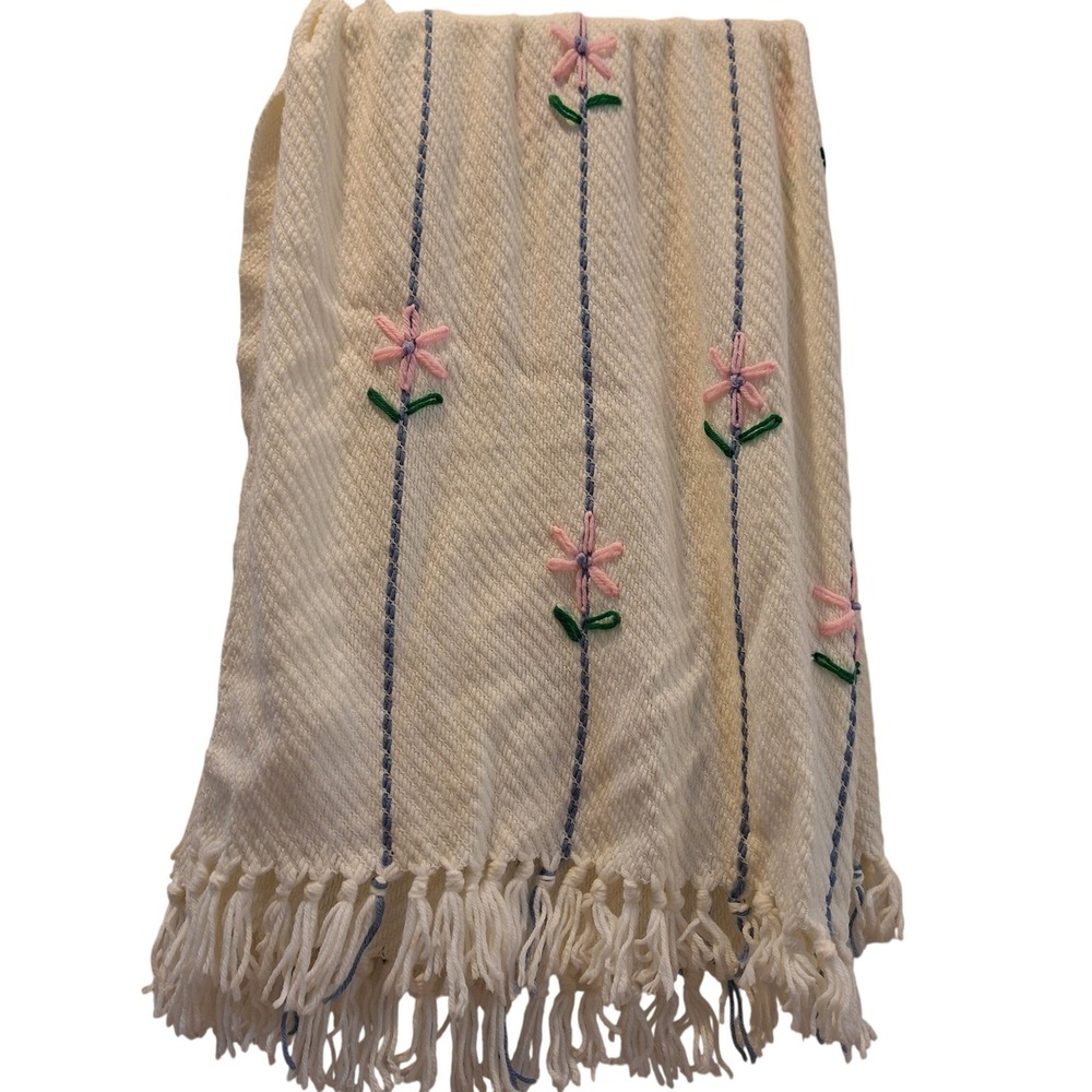 Vintage Throw Blanket Unisex 44" x‎ 56" Cream Pink Floral Woven Cottagecore Kids